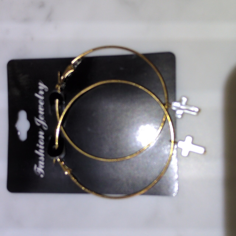 Gold Hoop Earrings with Cross Charm